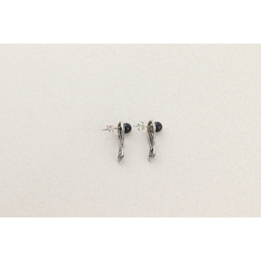 Sterling Silver Marcasite Ribbon Earrings with Black Bead Stud Post - Picture 8 of 9